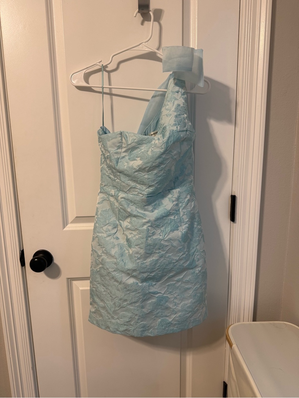 Light Aqua One-Shoulder Floral Jacquard Cocktail Dress